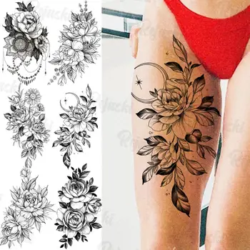 Črna Flora Luna Začasne Tetovaže Za Ženske Odraslih Stegno Telo Tatoos Realne Dahlia Sonce Cvet Ponaredek Obesek Tattoo Nalepka