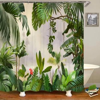 3D tropske rastline, dlani, listi, tiskani kopalnica tuš zavesa poliester nepremočljiva kopel zavese dom okrasite s kavljem zavese