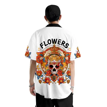 Plus Velikost S-6XL Moške Hawaiian Majica Poletje Nova Moška Moda Priložnostne Okostje Cvet Tiskanja Kratek Rokav Ulične Oblačila