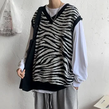 Plesti Pulover Moški Telovnik korejskem Slogu moška Oblačila Zebra Tiskanje Črno brez Rokavov Waistcoat V Vratu Moda 2023 Zimski Trend, Starih X 0