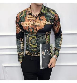 Moške Srajce Moda Pomlad Jesen Dolgo Oplaščeni korejski Slim Osebnost Zavoj navzdol Ovratnik Print Majica Plus Velikost M-6XL Moških Oblačil