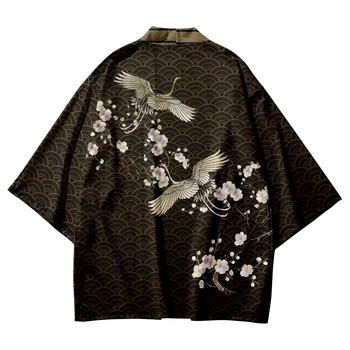 Japonski Žerjav Cvjetnim Tiskanja Tradicionalnih Kimono Ženske Moški Yukata Jopico Srajce Haori Prevelik Ulične Vrhovi Plus Velikost 6XL