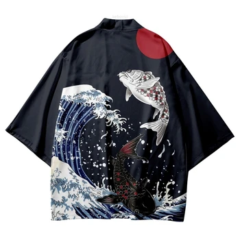 Japonski Ukiyo-e Valovi Ribe Tiskanja Tradicionalnih Kimono Moški Ženske Cosplay Jopico Haljo Poletje Plaža Yukata Haori Azijskih Oblačila