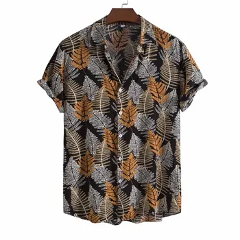 Mens 1950 Retro Prugasta Listov Tiskanje Hawaiian Priložnostne Majice Kratek Rokav Gumb Navzdol Plaži Shirt Party Počitnice Počitnice Srajca