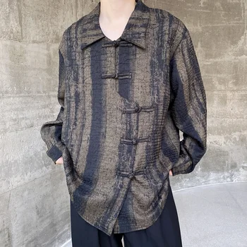 Vintage Moške Srajce Novi Kitajski Teksturo Črnilo Polo Ovratnik, Dolgi Rokavi Gumb Casual Moški Oblačila Ulične Mode Camisas