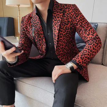 Leopard Natisniti High-end Trend Obleko, Jakno za Moške Slim bo Ustrezala Dvema Eno Vrstico, ki bo Ustrezala Banket Britanski Modni Lep Priložnostne Eno West
