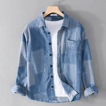 Moda Long Sleeve Majica Jeansa za Moške Japonski Slog River Priložnostne Nadlak Pomlad Jesen Mladi Trend Visoke Kakovosti moška Oblačila