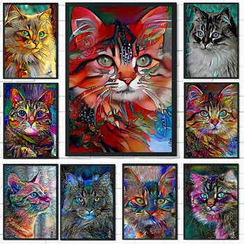 Povzetek Pisane Hišnih Mačk Umetnost Plakata Srčkan Živali Mačka Grafiti Platno Slikarstvo Cuadros Wall Art Slike HD Tiskanja Sobi Doma Dekor