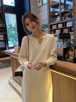 Ženske Obleke 2024 Novo Spomladi Jeseni korejski Moda Trdna Oversize V Vratu Slim Temperament Longuette Pulover Pleten Pulover