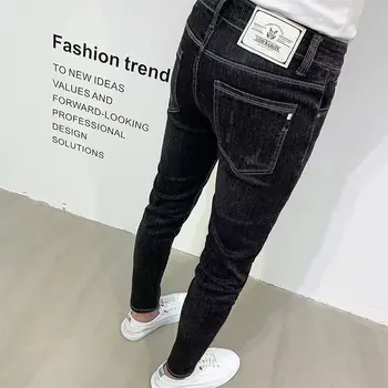Novi korejski Slog Slim Fit Črne Jeans za Moške z Vezenje Design Traper Hlače za Priložnostne Oblačila in Luksuzno Stretch Hlače