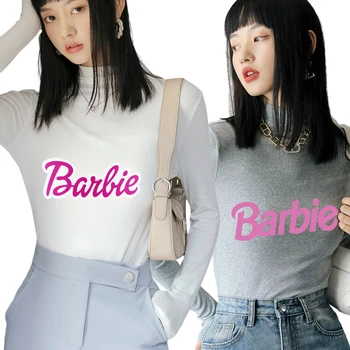 Fashion Barbie Vitek, Dolg Rokav T-Shirt Y2K Anime Kawaii Girl Jesen Zima Seksi Mehko Elastično Turtleneck Folija Vrh Priložnostne Tee