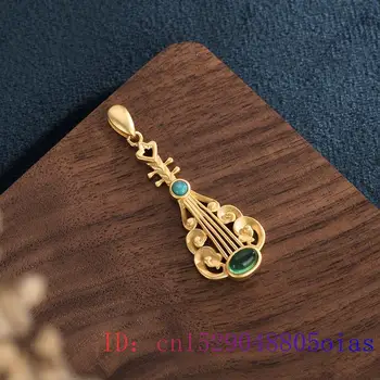 Green Jade Lutnje Obesek, Srebro 925 Moda Gemstone Naravnih Chalcedony Ženske Cirkon Nakit Ogrlica Amulet Čar Crystal