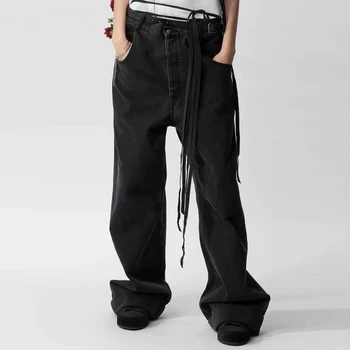 Ulične Širok Noge Vrečasta Trakovi Letnik Jeans za Moške Y2K Naravnost Priložnostne Black Traper Hlače Pantalones Hombre Oversize Sopihanje