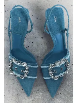 Baotou sandali ženske 2023 jeseni novo modro nosorogovo dekoracijo denim visokih petah fine pete opozoril plitvo usta enotni čevlji