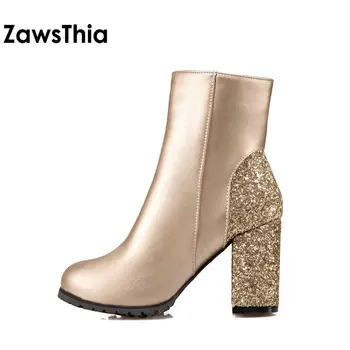QPLYXCO modne zimske zlati srebrni red bling bleščice čevlji blok visokih petah ženska gleženj škornji toplo plišastih ženske čevlje velikost 48
