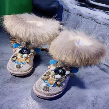 Fox Lase, čevlji Ročno izdelan po meri pozimi toplo čevlji z runo sequins cvet pearl krzna, iz enega kosa škornji ženske 35-44 let