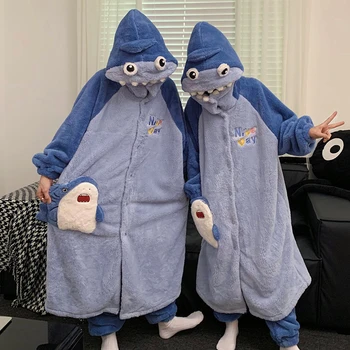 Pozimi Debele Ženske Noč-haljo Pižamo Hooded Moških Nightgown Kawaii Shark Sleepwear Mehko Toplo Nekaj Pijama Dolgo Plišastih Loungewear