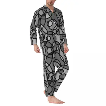 Črno Siva Geometrijske Pižame, Moške Retro Krog Tiskanja Lep Spanec Sleepwear Jeseni 2 Kosa Priložnostne Svoboden Oversize Pajama Določa