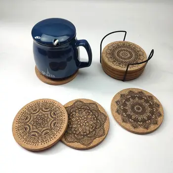 Ustvarjalne Nordijska Mandala Design, Okrogle Oblike Lesenih Coasters z Rack Nordijska Mandala Krog Plute Železnica Pokal Mat