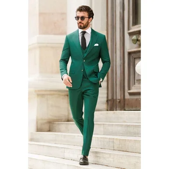 Business Casual Zelena Moške Obleke Modni Spektakel River Beloprsi Singl 3 Kos Poroko Ženina Jopičem Slim Fit (Blazer+Telovnik+Hlače)