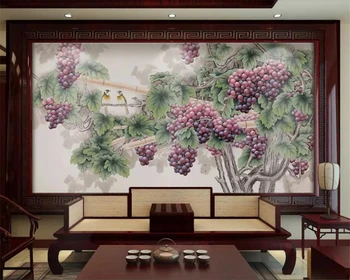 Po meri foto sadje zidana ozadje ročno poslikano oljna slika grozdja cvet ptica dekoracijo v ozadju stene 3d ozadje