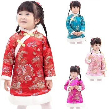 Cvetlični Pozimi Baby Girl Obleke, Plašči Za Otroke Qipao Oblačila Vrhnja Oblačila Sping Festival Cheongsam Dekleta Navzdol Jakno Chi-Pao Obleko