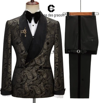 Cenne Des Graoom 2023 Elegantno moško Obleko za Poroko Jopičem Dvojno Zapenjanje Black Paisley Suknjič Žamet River Hlače 2 Kos Set