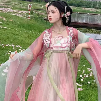 Tradicionalna Kitajska Oblačila za Ženske Celoten Sklop Spomladi Veliki Rokav Bluzo Lotus Vezene 4,5 M Krilo, Roza Hanfu Pravljice Obleke