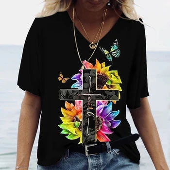 Poletje ženska Oblačila Christian Jezus Križ Cvet Metulj Vzorec T-Shirt 3d Tiskanih Proti-Vrat Šport Priložnostne Kratka Sleeved Vrh