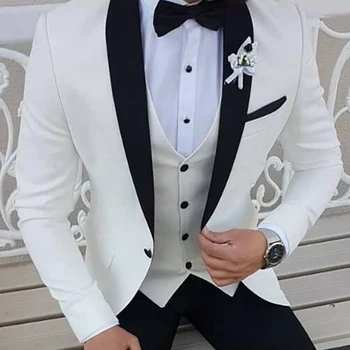 2023 Zadnji Plašč, Hlače Modelov Beli Moški Obleki Črni Šal River Formalno Tuxedos Poročno Obleko Za Moške Prom Stranka Obleko Z Hlače 0