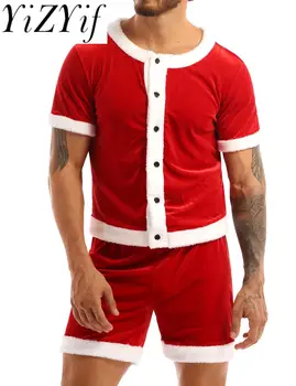 Moški Božič Božiček Kostum za maskiranje za Odrasle bo Ustrezala Cosplay Stranka Obleko okoli Vratu Gumb Navzdol Majica s kratkimi rokavi Top in kratke Hlače