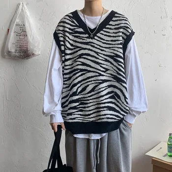 Plesti Pulover Moški Telovnik korejskem Slogu moška Oblačila Zebra Tiskanje Črno brez Rokavov Waistcoat V Vratu Moda 2023 Zimski Trend, Starih X 1