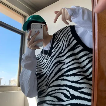 Plesti Pulover Moški Telovnik korejskem Slogu moška Oblačila Zebra Tiskanje Črno brez Rokavov Waistcoat V Vratu Moda 2023 Zimski Trend, Starih X 2