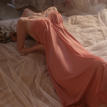 Nova Dolgo Pižamo Nightgown Seksi Sleepwear Ženske Nevesta Backless Noč Obleko Poročno More Čipke Skušnjavi Zanko Homewear 3