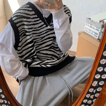 Plesti Pulover Moški Telovnik korejskem Slogu moška Oblačila Zebra Tiskanje Črno brez Rokavov Waistcoat V Vratu Moda 2023 Zimski Trend, Starih X 5