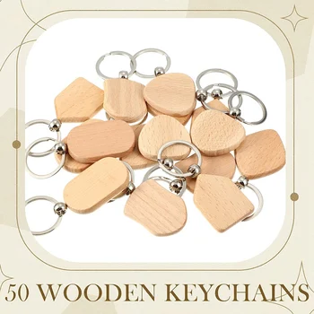 50Pcs Lesene Key Ring Prazno Leseno Ključnih Verige Izrezljane Lesene Prazno Nedokončane Lesene ključe Oznak za DIY Darilo Obrti B 5